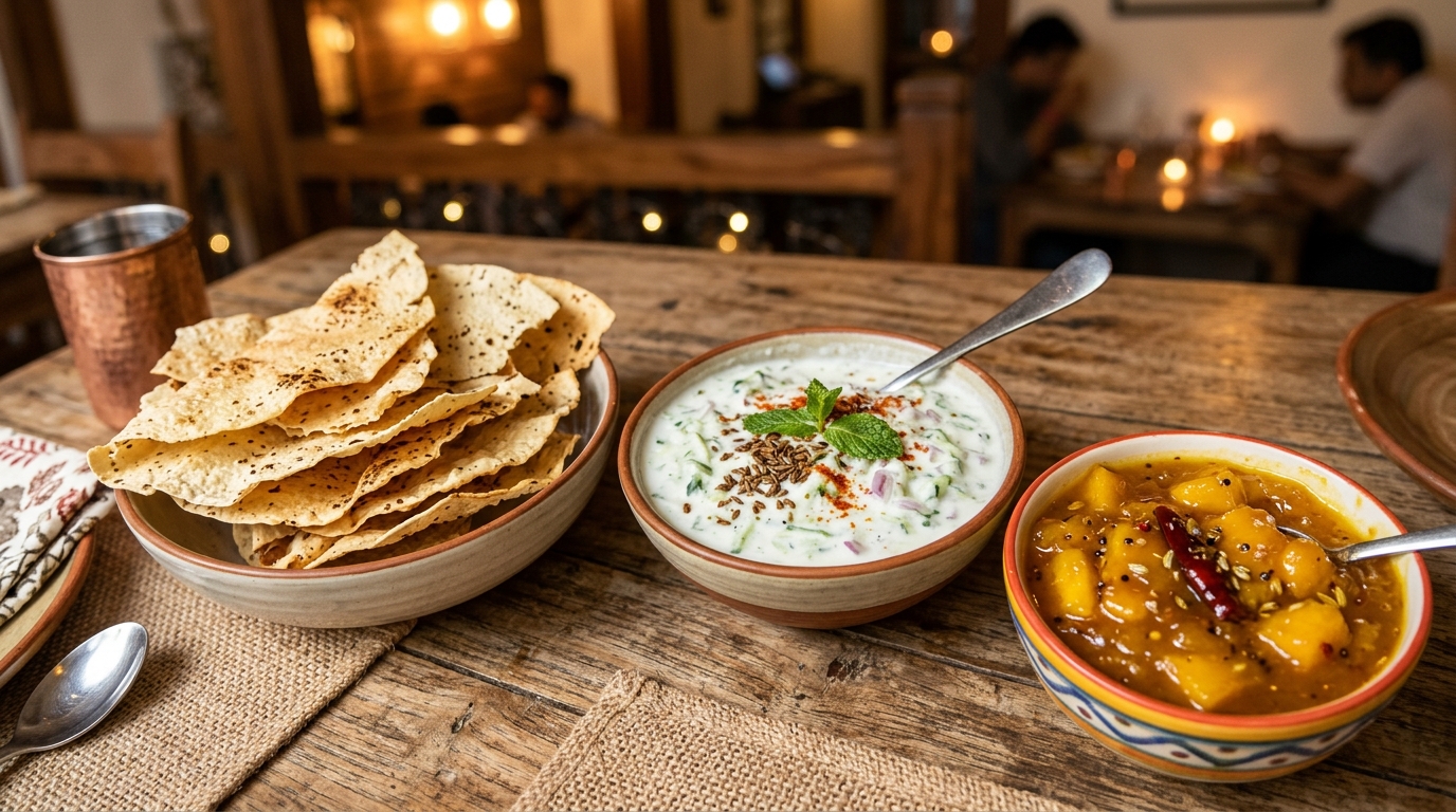 The Art of Indian Accompaniments - Indian side dishes, Papad lentil wafers, Raita Indian dish, Mango chutney, Dishes of India accompaniments